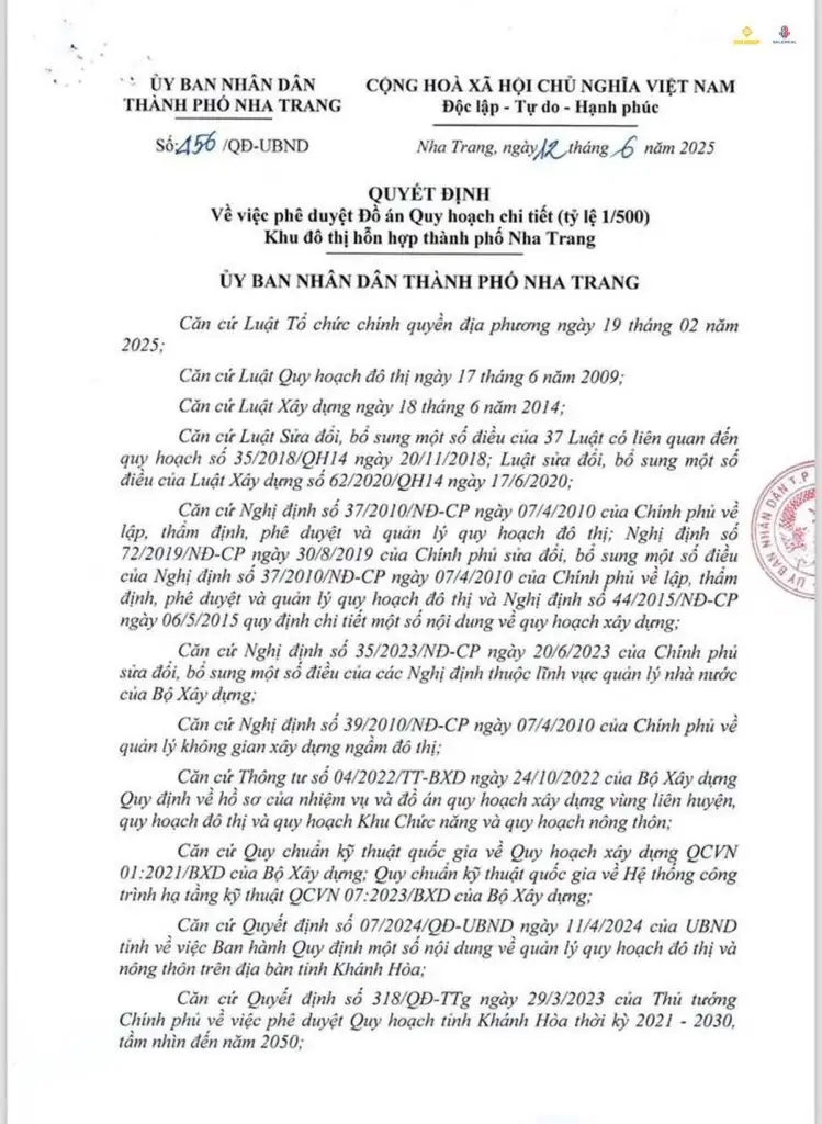 Văn bản chấp thuận chủ trương đầu tư dự án khu đô thị hỗn hợp TP Nha Trang của UBND tỉnh Khánh Hòa.